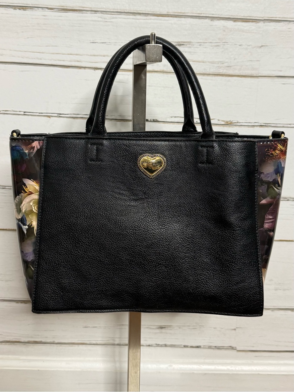 Betsey Johnson Black Floral Side Panel Satchel Handbag